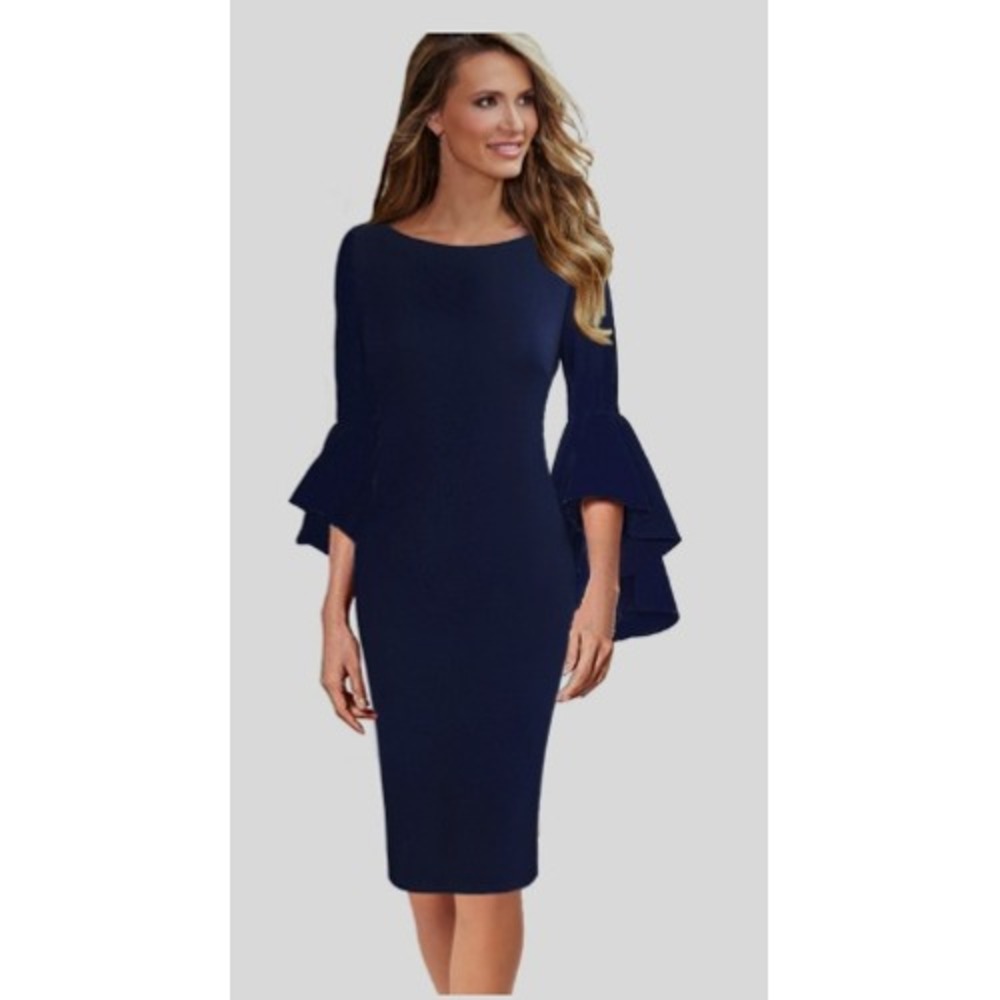 NWT Vfshow Women's Navy Blue Pencil Dress Large‎ Elegant Bell Sleeve Cocktail